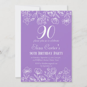 Purple Lilac 90th Ninety Floral Elegant Birthday  Invitation