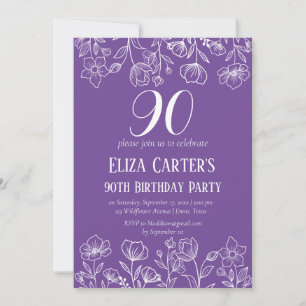 Purple Lilac 90th ninety Floral Elegant Birthday Invitation