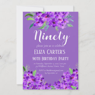Purple Lilac 90th Ninety Floral Elegant Birthday  Invitation