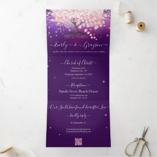 Purple Lilac and Pink Heart Leaf Tree Wedding Tri-Fold Invitation