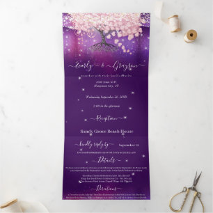 Purple Lilac and Pink Heart Leaf Tree Wedding Tri- Tri-Fold Invitation