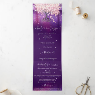 Purple Lilac and Pink Heart Leaf Tree Wedding Tri- Tri-Fold Invitation