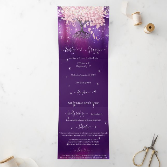 Purple Lilac and Pink Heart Leaf Tree Wedding Tri- Tri-Fold Invitation (Inside)