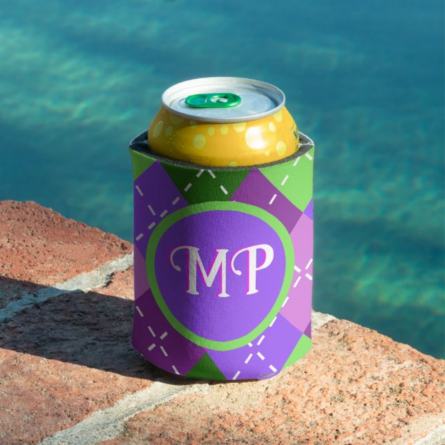 Purple Lilac Argyle Purple and Green Personalised Can Cooler (In Situ Pool)