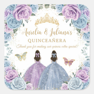 Purple Lilac Baby Blue Floral Twins Quinceañera Square Sticker