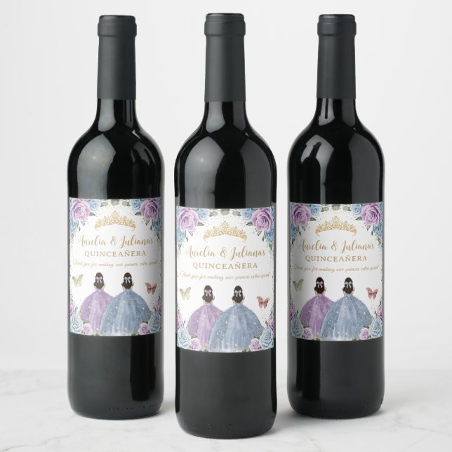 Purple Lilac Baby Blue Floral Twins Quinceañera Wine Label (Bottles)