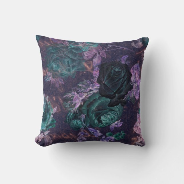 Purple Lilac Black Rose Floral Vintage Cushion (Front)