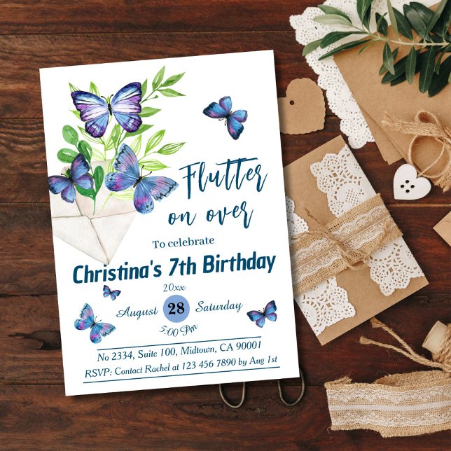 Purple lilac & blue butterfly themed 7th birthday invitation (Creator Uploaded)