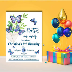 Purple lilac & blue butterfly themed 9th birthday invitation