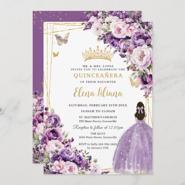 Purple Lilac Blush Floral Quinceanera 15 Sweet 16 Invitation (Front/Back)