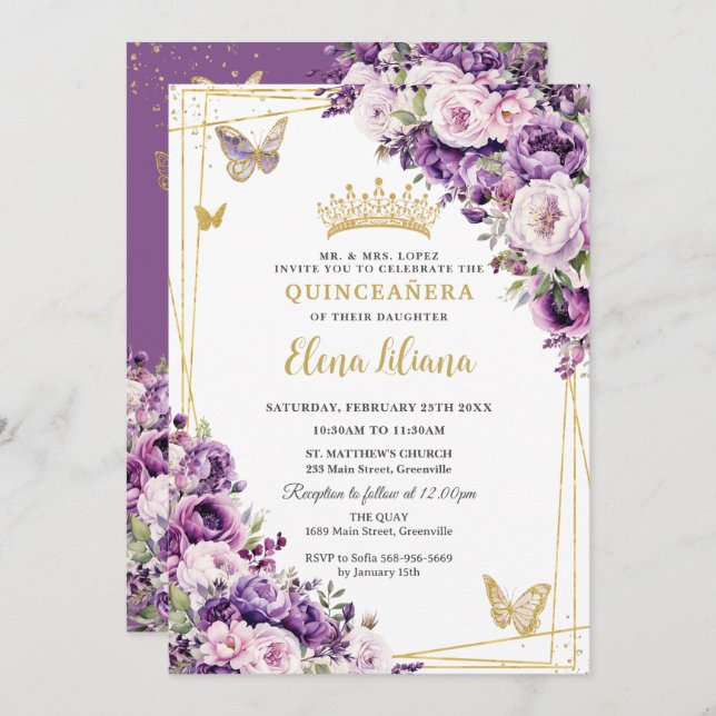 Purple Lilac Blush Floral Quinceanera 15 Sweet 16  Invitation (Front/Back)
