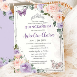 Purple Lilac Blush Floral Silver Quinceañera XV 16 Invitation