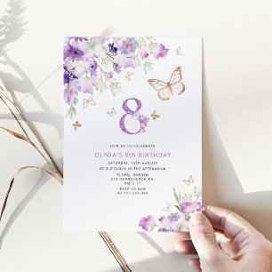 Purple Lilac Butterflies 8th birthday Invitation