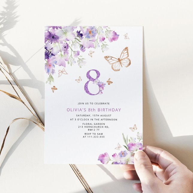 Purple Lilac Butterflies 8th birthday Invitation (Creator Uploaded)
