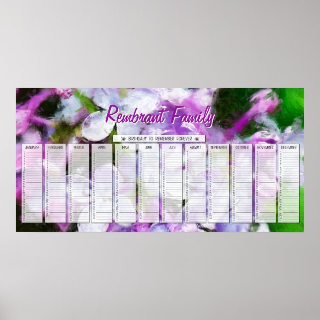 Purple Lilac Custom Family Birthday Calendar Poster (Front)
