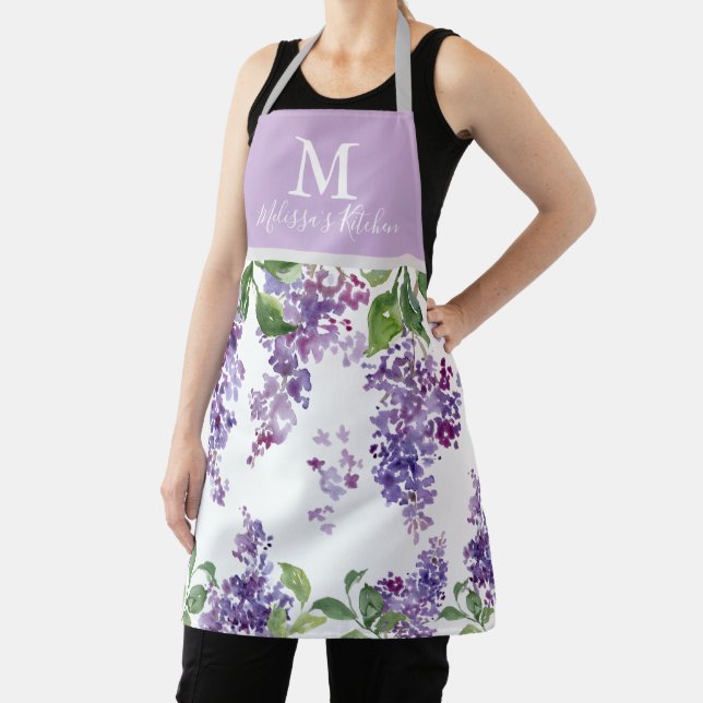 Purple Lilac custom monogram name apron (Insitu)