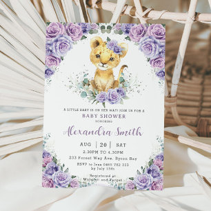 Purple Lilac Floral Adorable Lion Cub Baby Shower Invitation