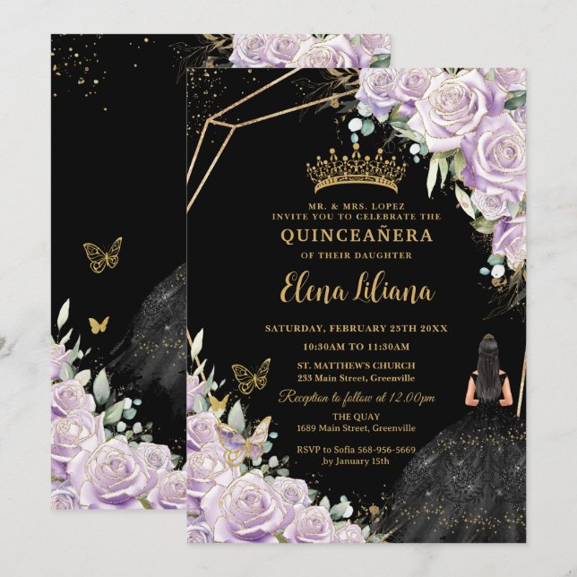 Purple Lilac Floral Black Dress Gold Quinceañera Invitation (Front/Back)