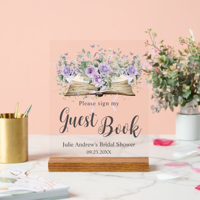 Purple Lilac Floral Book Chapter Bridal Guest Book Acrylic Sign (Wedding)
