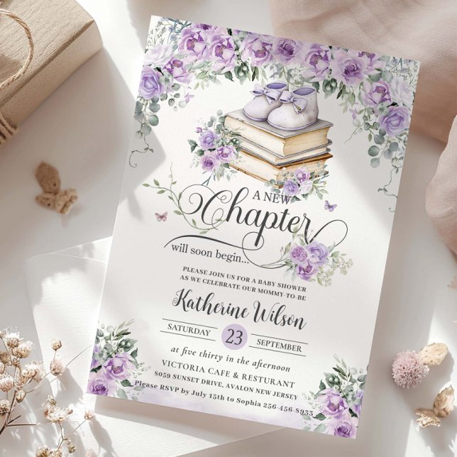 Purple Lilac Floral Book New Chapter Baby Shower Invitation (Creator Uploaded)