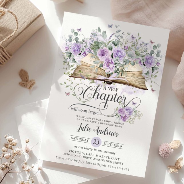 Purple Lilac Floral Book New Chapter Bridal Shower Invitation (purple-lilac-floral-butterflies-vintage-book-a-new-chapter-will-soon-begin-bridal-shower-invitation)