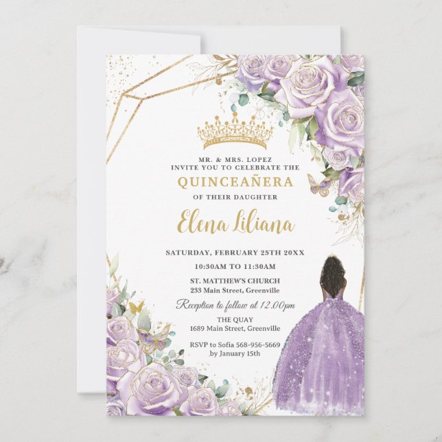 Purple Lilac Floral Brown Princess Quinceanera Invitation (Front)