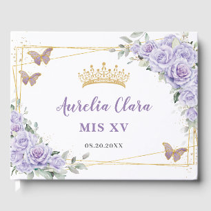 Purple Lilac Floral Butterflies Gold QUINCEAÑERA Guest Book