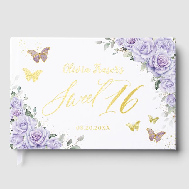 Purple Lilac Floral Butterflies Gold Sweet 16 Foil Guest Book (Front)