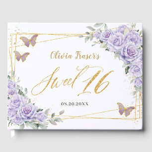 Purple Lilac Floral Butterflies Gold Sweet Sixteen Guest Book