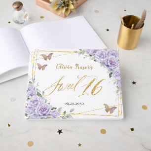 Purple Lilac Floral Butterflies Gold Sweet Sixteen Guest Book