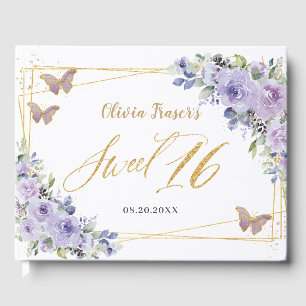 Purple Lilac Floral Butterflies Gold Sweet Sixteen Guest Book