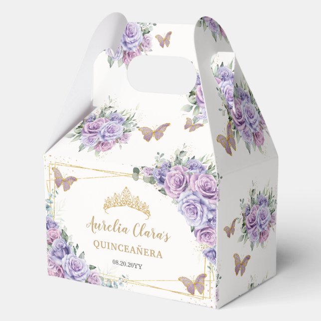 Purple Lilac Floral Butterflies Gold Tiara Gable Favour Box (Front)