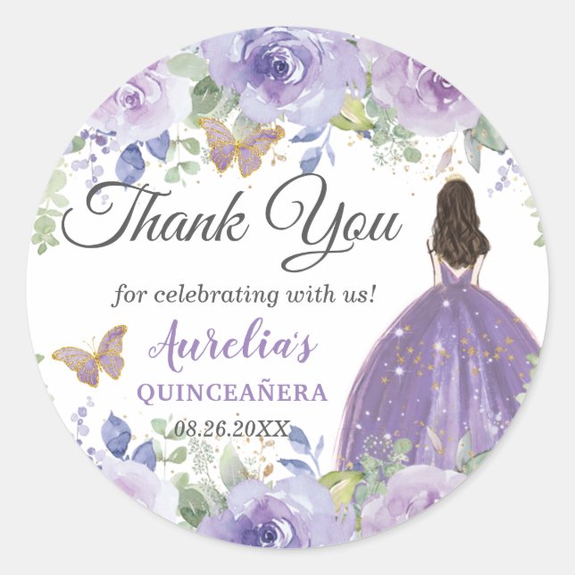 Purple Lilac Floral Butterflies Princess Favour Classic Round Sticker (Front)