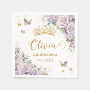 Purple Lilac Floral Butterflies Quinceañera 15 16 Napkin