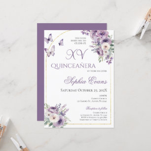 Purple Lilac Floral Butterflies Quinceañera Invitation