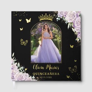 Purple Lilac Floral Butterflies Quinceañera Photo Guest Book