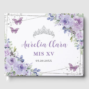 Purple Lilac Floral Butterflies Silver QUINCEAÑERA Guest Book