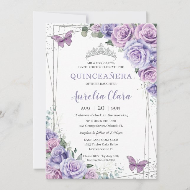 Purple Lilac Floral Butterflies Silver Quinceanera Invitation (Front)