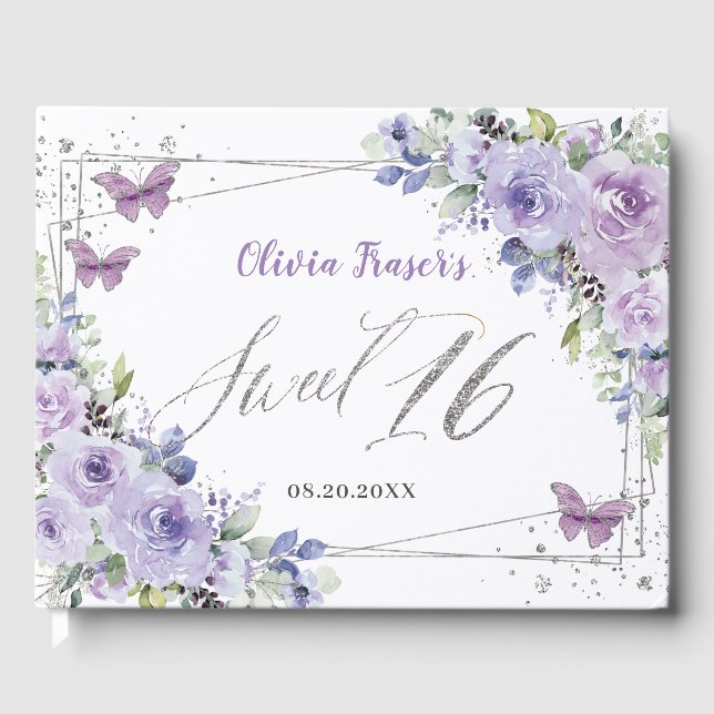 Purple Lilac Floral Butterflies Silver Sweet 16 Guest Book (Front)