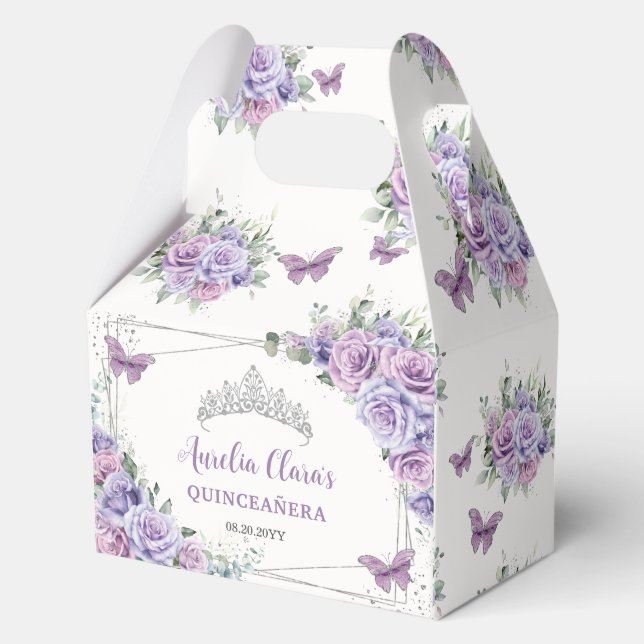 Purple Lilac Floral Butterflies Silver Tiara Gable Favour Box (Front)