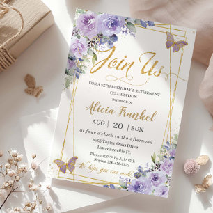 Purple Lilac Floral Butterfly Birthday Retirement Invitation