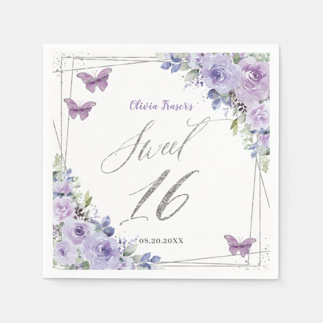 Purple Lilac Floral Butterfly Silver Sweet Sixteen Napkin (Front)