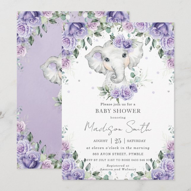 Purple Lilac Floral Cute Elephant Baby Shower Invitation (Front/Back)