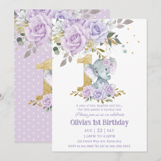 Purple Lilac Floral Cute Elephant One 1st Birthday Invitation (Front/Back)