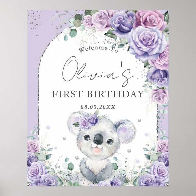 Purple Lilac Floral Cute Koala Arch 1st Birthday  Poster (Front)