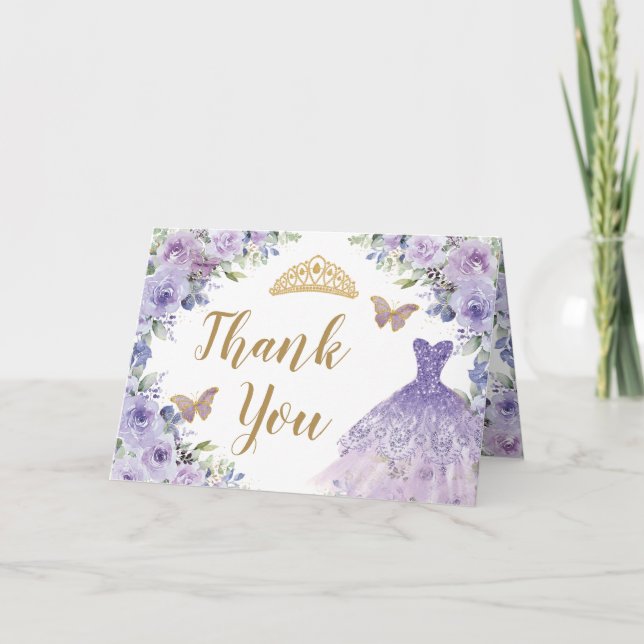 Purple Lilac Floral Dress Quinceanera Sweet 16 Thank You Card (Front)