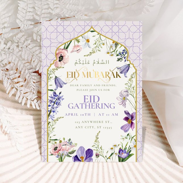 Purple Lilac Floral Eid Invitation Card (Celebrate the joy of Eid with our exquisite lilac floral invitation. )