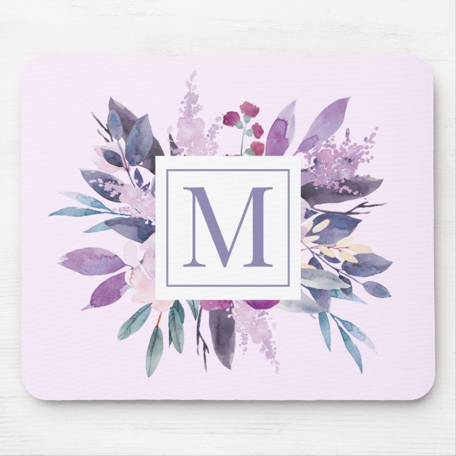 Purple Lilac Floral Flowers Custom Monogram Mouse Mat (Front)