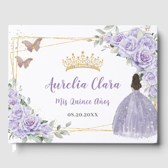 Purple Lilac Floral Girl Dress Gold QUINCEAÑERA Guest Book (Front)