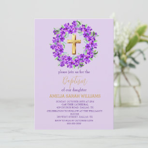 Purple Lilac Floral Gold Cross Girl Baptism  Invitation